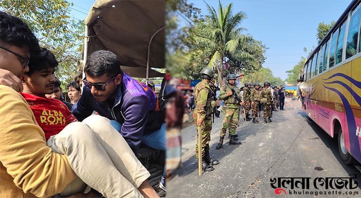 চিত্রে মোল্লাহাটে ঢাকামুখী শিক্ষার্থীদের বাসে হামলার দৃশ্য