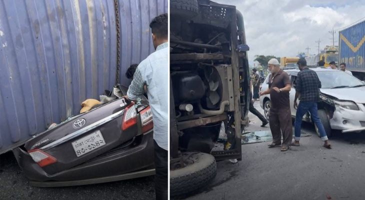 প্রাইভেটকারের ওপর উল্টে পড়ল কাভার্ডভ্যান, একই পরিবারের ৪ জন নিহত