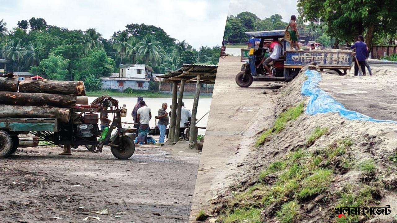 ক্যাবল খেয়াঘাট ও কেডিএ সড়ক দখল করে বালু ও কাঠের গুঁড়ির ব্যবসা